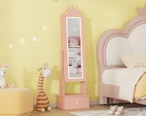 Garvee 46" Jewelry Cabinet and Armoire with Full-Length Mirror, Freestanding Design, LED Light, Multiple Storage Drawers, and Vanity Dress Up Mirror Organizer in Light Pink and Purple