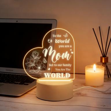To The World You Are A Mom Heart 2D Acrylic LED Night Light, Warm White USB Bedside Lamp, Mother's Day Birthday Gift for Mom, Bedroom Home Decor