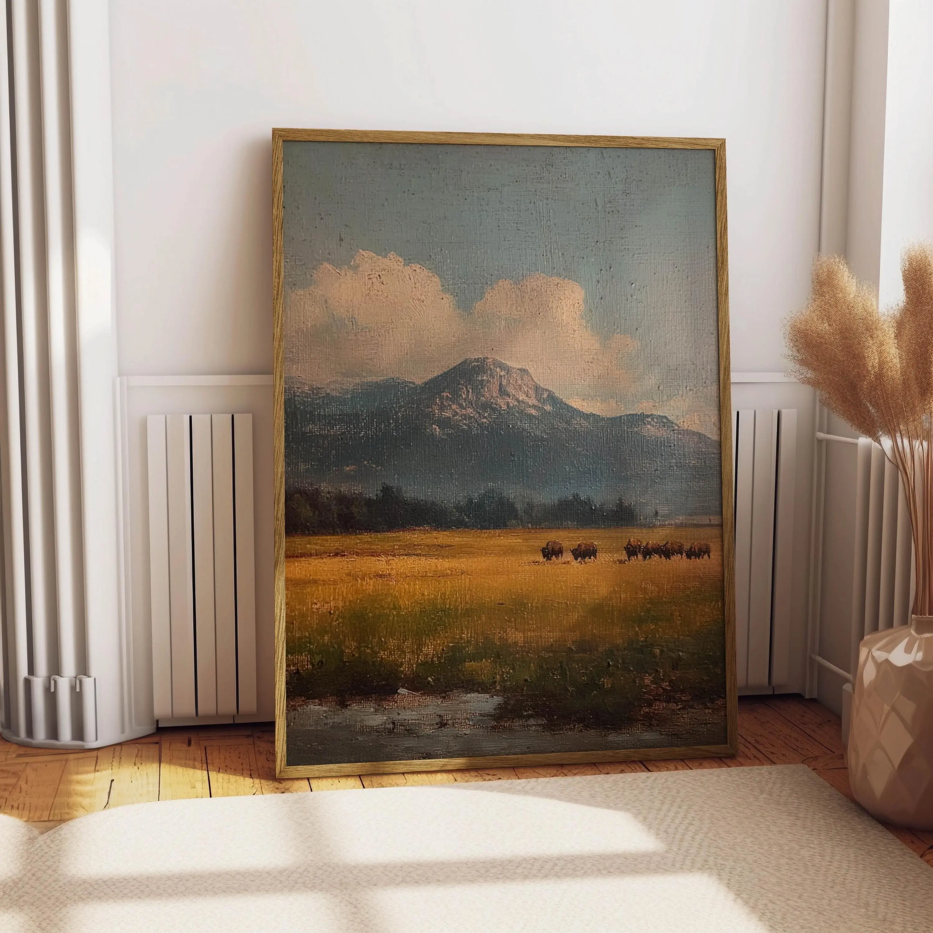 Bison Grazing in a Field Vintage Oil Painting Poster Unframed  Rustic Antique Retro Buffalo Poster Unframed  Rocky Mountain Poster Unframed  Western Cabin Cottage Wall Art