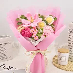 Mother’s Day Gift, Handmade Crochet Flower Bouquet with Rose, Tulip & Daisy, Graduation Gift, Birthday, Anniversary Gift for Her, Girlfriend, Wife, Friend, Includes Greeting Card, 15"x14" Elegant Feminine Charm, Birth Month Flowers, Decorative Plants