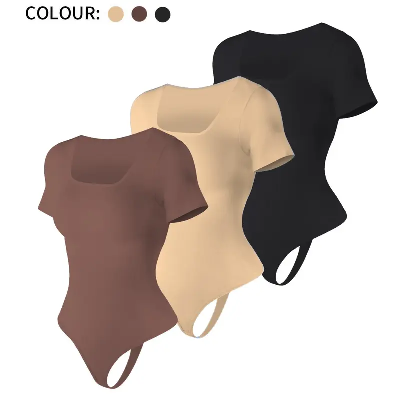 Women's Solid Color Comfortable Shapewear Bodysuit, Tummy Control Butt Lifting Shaper, Seamless Multi-Color Bodysuit, Short Sleeve & Square Neck Design, Ladies Shapewear for All Seasons, Versatile Wear, Bodysuits Shapewear