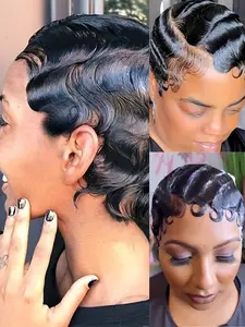 Pixie Cut Curly Wave Finger Wave Wig for Women 13x4 Transparent Lace Frontal Wig Halloween Wig
