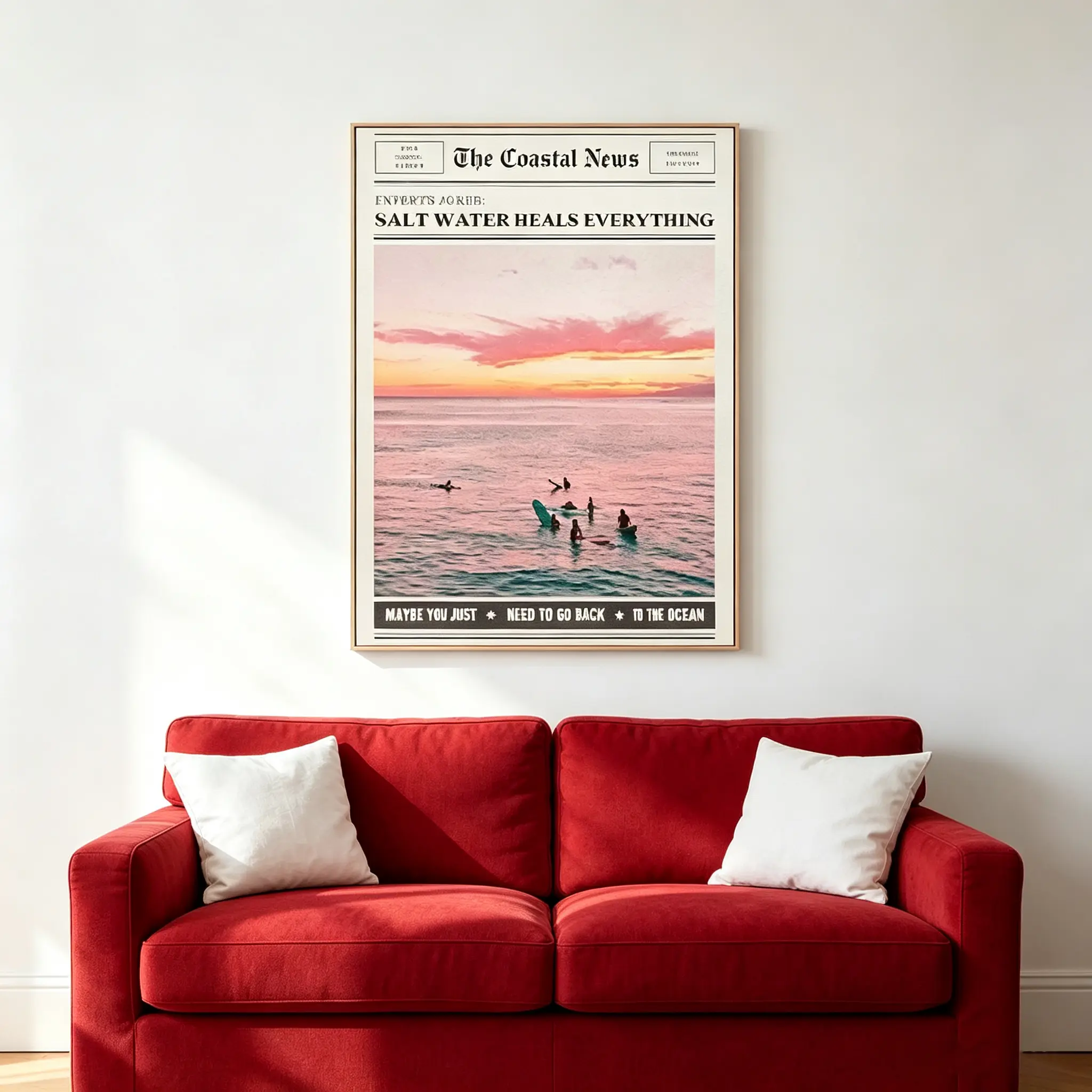 12x18 Inch Unframed Vintage Coastal Newspaper Wall Art, Pink Sunset Beach Surf Girl Canvas Print, Grainy Salt Water Heals Everything Quote Poster, Boho Beach Aesthetic Decor for Dorm Bedroom & Coastal Home