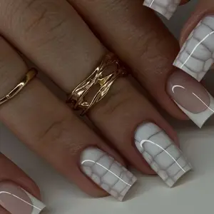 Ladies' Fashionable Wearable Nails, French Snake Pattern Fake Nail Stickers, Removable DIY Nail Art Set, Includes Nail File and Jelly Glue
