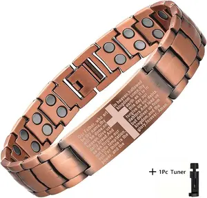 Men's Alloy Magnetic Bracelet with Cross Charm - Strong Magnetic Beads for, Adjustable Brown-Toned Link Design - Daily Wear & Gift for Dad, Boyfriend (Halloween/Thanksgiving) - Durable Magnetic for Men