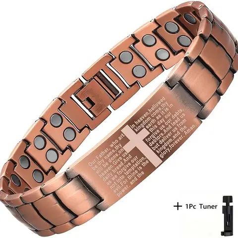 Men's Alloy Magnetic Bracelet with Cross Charm - Strong Magnetic Beads for, Adjustable Brown-Toned Link Design - Daily Wear & Gift for Dad, Boyfriend (Halloween/Thanksgiving) - Durable Magnetic for Men