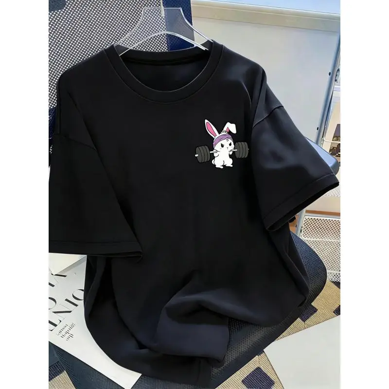 Gym Bunny Weightlifting Rabbit Graphic T-Shirt, Cute Workout Bunny Print Tee, Oversized Crew Neck Shirt, Fitness Casual Short Sleeve Top, Trendy Gym Aesthetic Cotton Tee for Fitness Enthusiasts, Bunny Lovers and Gym Rats