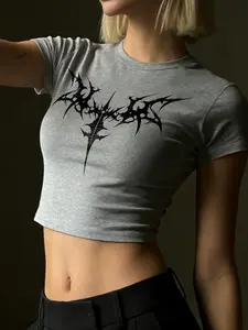 Women's Gothic Print Short Sleeve Crop Top, Summer Quick-Dry Breathable Sports Tee, Casual Sporty Gym Yoga Running Shirt, Athletic Yoga Tops