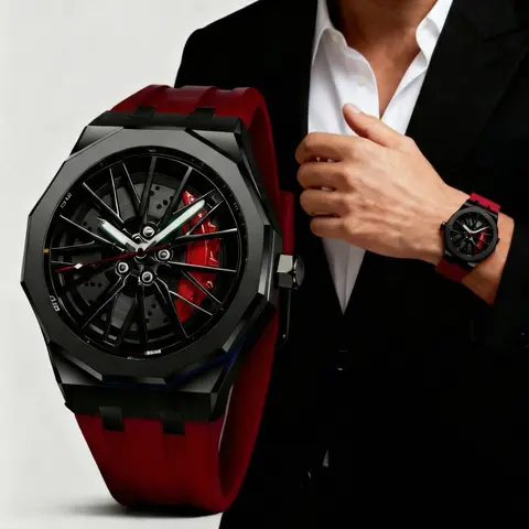 Men's Casual Trendy Quartz Wristwatch - 40mm Round Mineral Glass Face, Racing Wheel Glow Dial, Luminous Night-Read Analog Display, 30m Waterproof Light Adjustable Rubber Strap, Perfect Gift (Back to School)