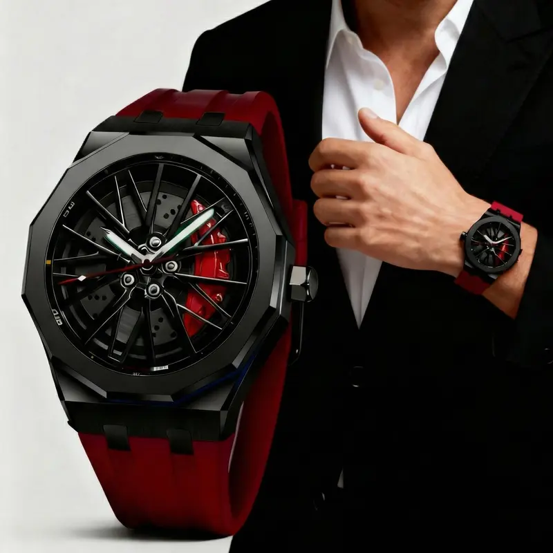 Men's Casual Trendy Quartz Wristwatch - 40mm Round Mineral Glass Face, Racing Wheel Glow Dial, Luminous Night-Read Analog Display, 30m Waterproof Light Adjustable Rubber Strap, Perfect Gift (Back to School)