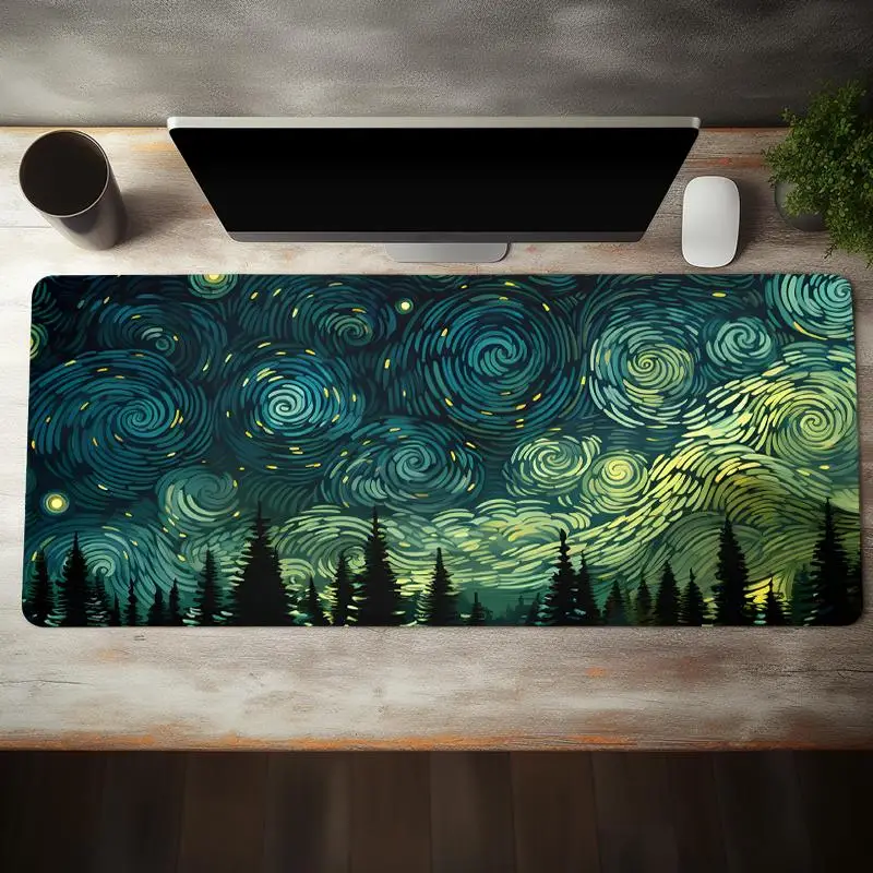 Artistic Starry Night Pattern Large Gaming Mouse Pad, 1 Count Computer Keyboard Mouse Mat, Non-slip Rubber Base & Stitched Edge Desk Pad For Home Offi