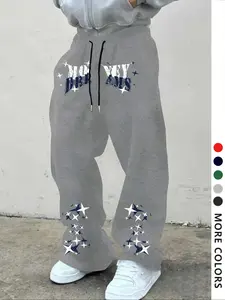 Men's Casual Sporty Long Pants, Letter & Star Print Drawstring Wide Leg Joggers, Loose Fit All Season Men's Clothing