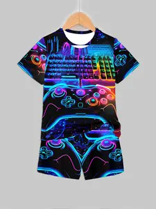 Cyber Neon Gaming Controller Printed Boys Short Sleeve Casual Set, Vibrant Light Effect Tee and Shorts Two-Piece for Kids