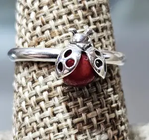 Ladybug Red bamboo Coral Sterling Silver mark 925 ring sizes 4-10 round stone 5 mm gift box included