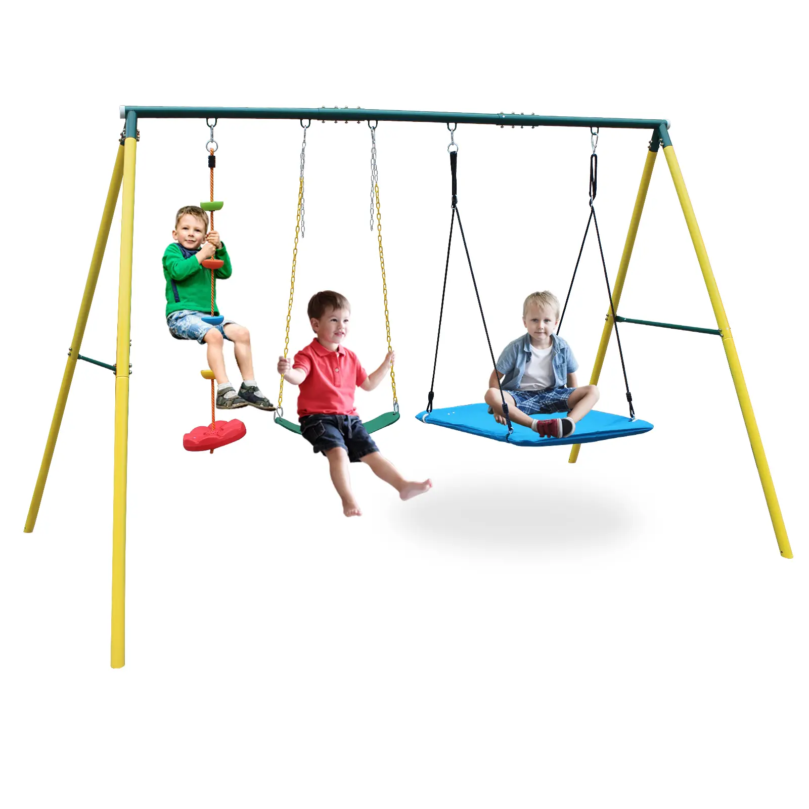 3-in-1 Kids Swing Sets for Backyard, Outdoor Heavy Duty Swing Set with Saucer Swing, Belt Swing, Rope Swing Durable Playground Equipment