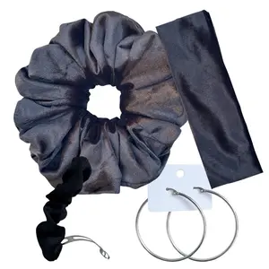 DeNob 4-in-1 Black Velvet Hair Scrunchie Set Soft Velvet with Gentle Sheen Includes XXL Scrunchie Headband , Clip Barrette & Silver Hoop Earrings for Stylish Hair Accessory