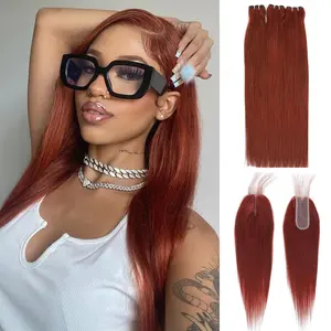 ALHER 13A Double Drawn Reddish Brown Bundles with 2x6/4x4 Straight Human Hair #33B Copper Red Auburn Brown Colored Bundles with 13x4 HD Lace Frontal Full and Thick Copper Red 100% Brazilian Raw Hair 1/3 Bundles