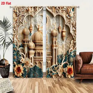 2D Flat   Ramadan Eid Curtain 2-Piece Set, Islamic Mosque Domes Crescent Moon Lantern Floral Motif Patterned Curtains, Warm Brown Blue Beige Ornate Decorative Window Drapes for Ramadan Home Decor