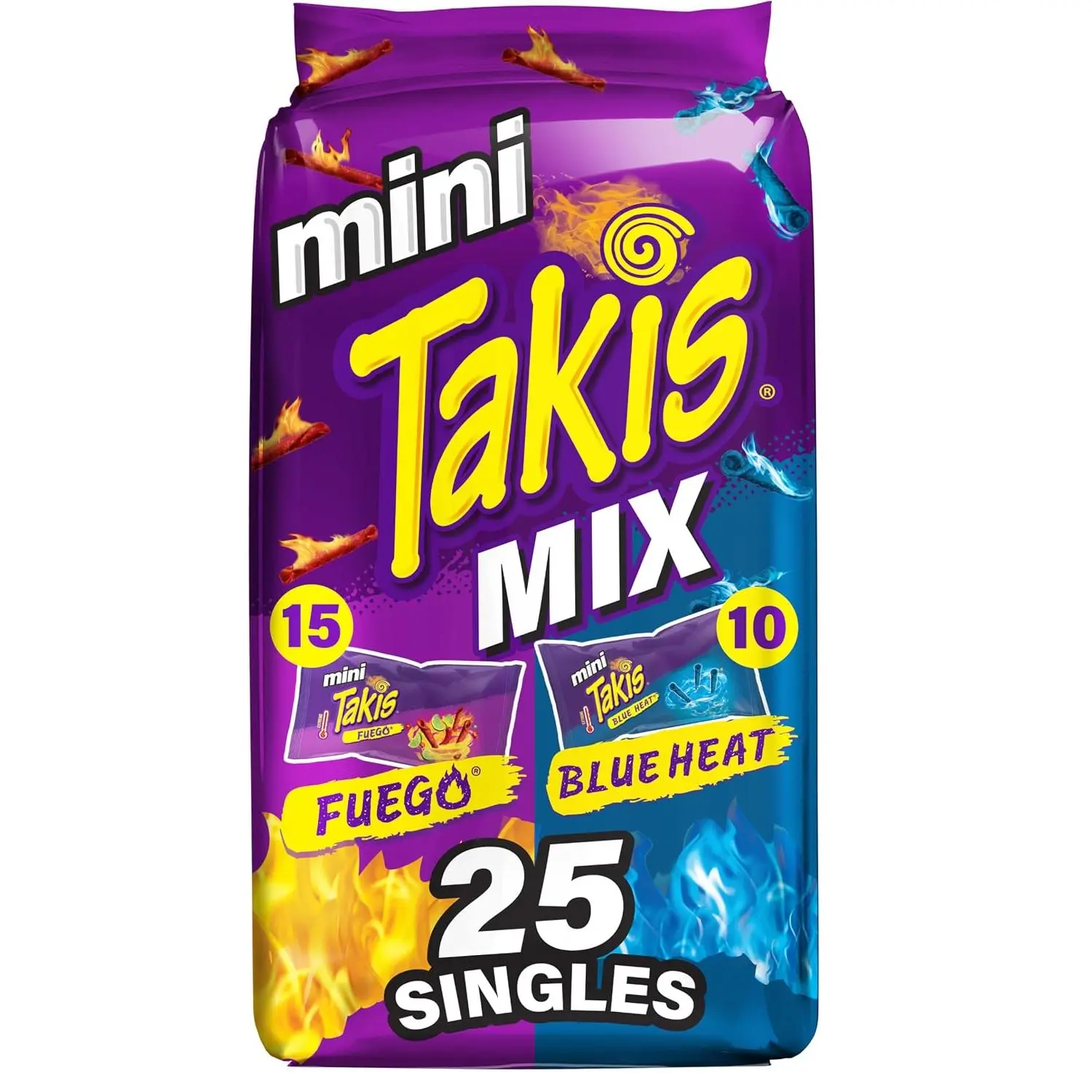 Mini Rolled Tortilla Chips Multipack - Assorted Variety, 25 Count | (15) Fuego and (10) Blue Heat, Bite Size, 1.23oz Individual Bags for Snacking and Lunchboxes