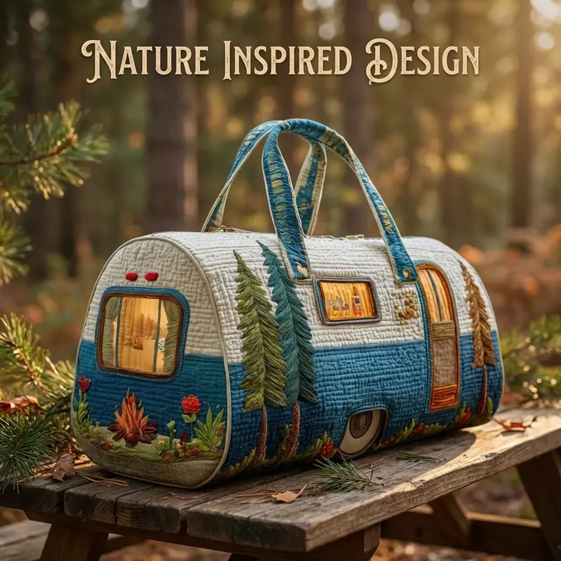 Women Quilted Duffle Bag, Cute RV Camper Trailer Patchwork Print Shoulder Handbag, Large Capacity Weekend Camping Travel Bag, Vintage Wilderness Camper Landscape Duffle Purse for Short Trip & Shopping
