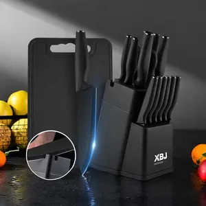 Knife Set, XBJ 15 Pcs Kitchen Knife Setwith Block Self Sharpening, Dishwasher Safe,Anti-slip Handle, Black Steel Wood WoodenSharpener Steak Cutting Stainless Premium with Sharpener Kitchenware Home Slicer