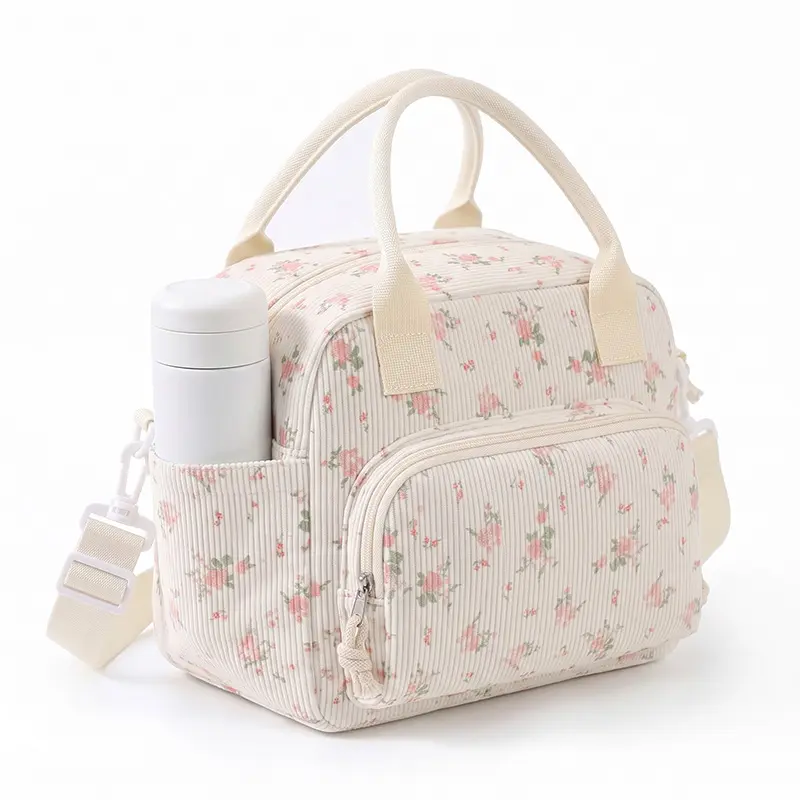 Women's Insulated Corduroy Lunch Bag - Cute Cherry Print, Square Shape, Zip Fastener, Adjustable Shoulder Strap, Multi-Pocket Thermal Cooler for Work Picnic