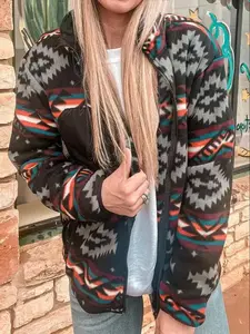 Women's Ethnic Pattern Zip Up Funnel Neck Jacket, Casual Long Sleeve Pocket Outerwear for Winter, Ladies Clothes for Daily WearGift