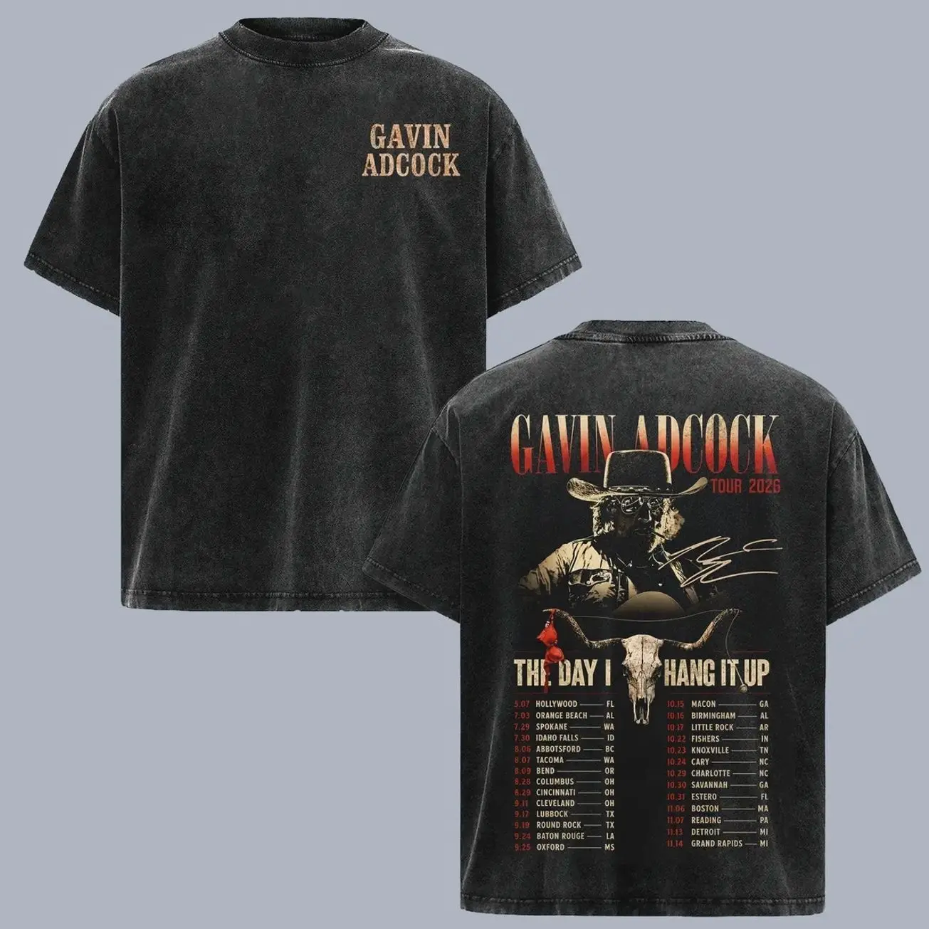 Gavin Adcock The Day I Hang It Up Tour 2026 Vintage Washed T Shirt, Double Sided Country Music Tee, Tour Dates Graphic Shirt, Western Cowboy Concert Merch, Oversized Unisex Fan Gift Apparel, Retro Southern Country Tee C01