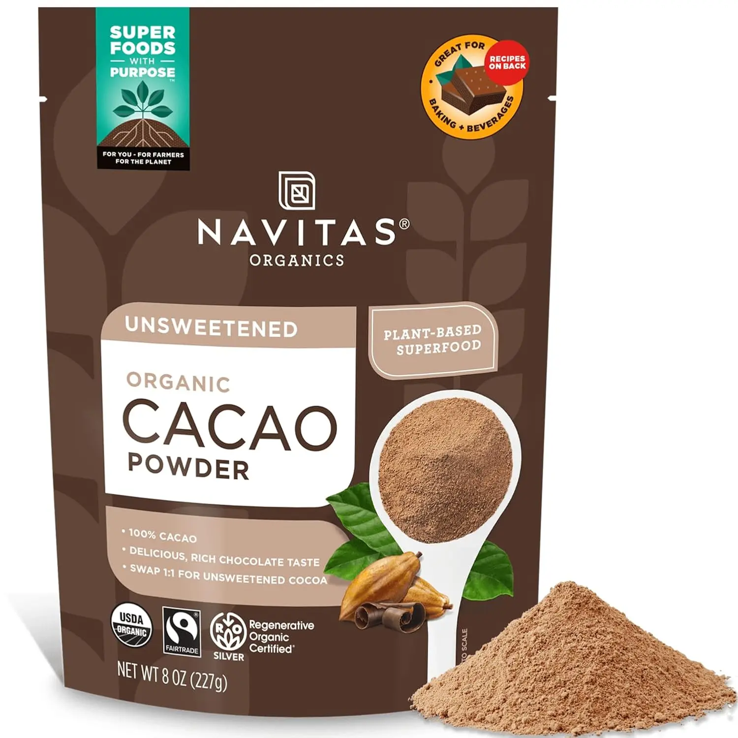 Navitas Organics Cacao Powder - 1:1 Cocoa Powder Substitute for Hot Chocolate, Baking, Beverage - Regenerative Organic Certified, Non-GMO, Fairtrade, Gluten-Free, Non-Alkalized (8oz Bag, 38 Servings), Hot Cocoa, Sugar-Free Organic Cocoa