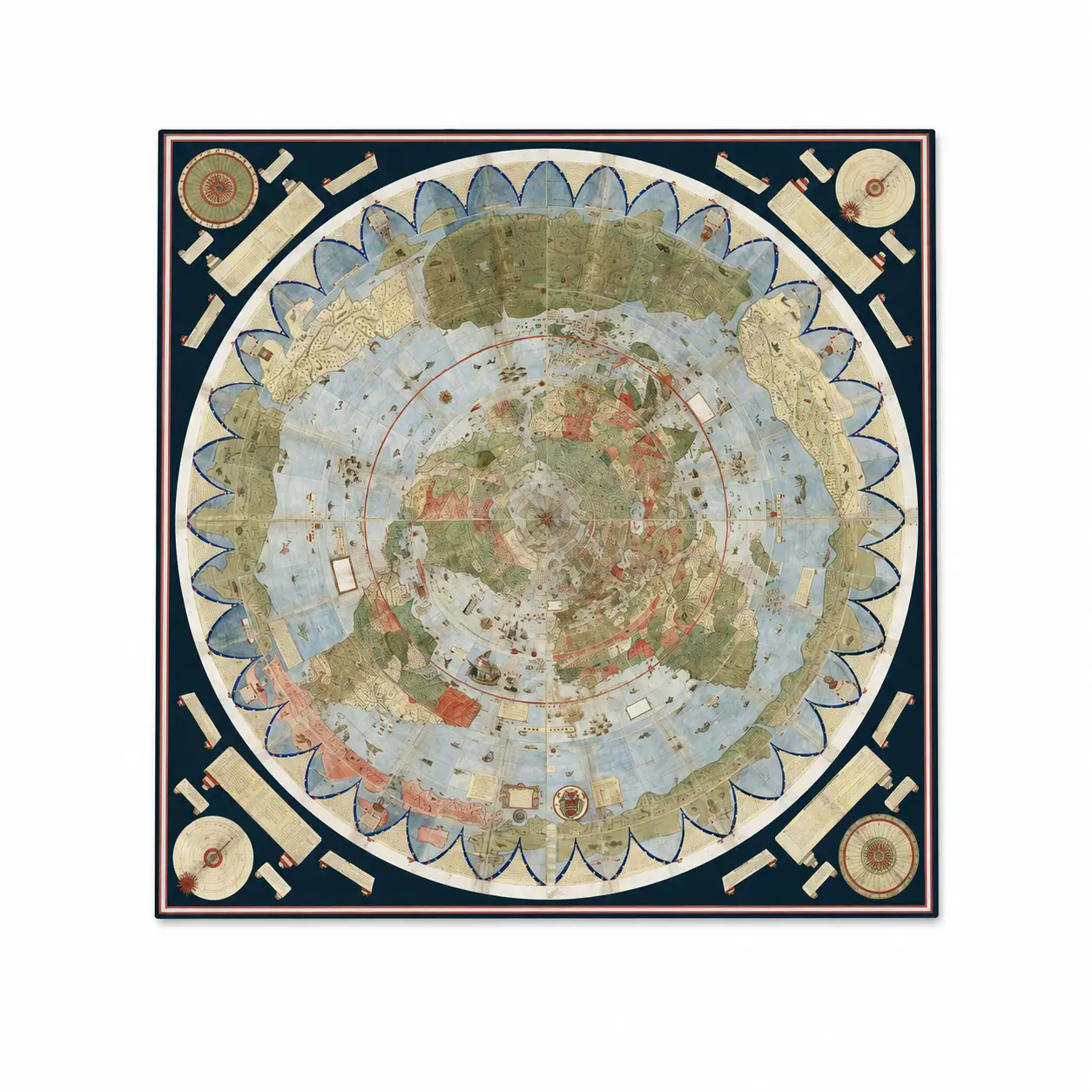 1587 Urbano Monte Historic World Map Unframed Rolled Canvas Print, Vintage Square Home Decor Poster, Frame-Not-Included Wall Art for Wardrobe, Military-Themed Spaces with Plaid-Marble Accent Vibes