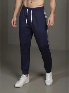 Men's Navy Blue Side Stripe Jogger Pants, Elastic Waist Drawstring Casual Sweatpants with White Side Stripes, Soft & Comfortable, Perfect for Gym, Lounging, Daily Wear, Streetwear and All-Day Comfort