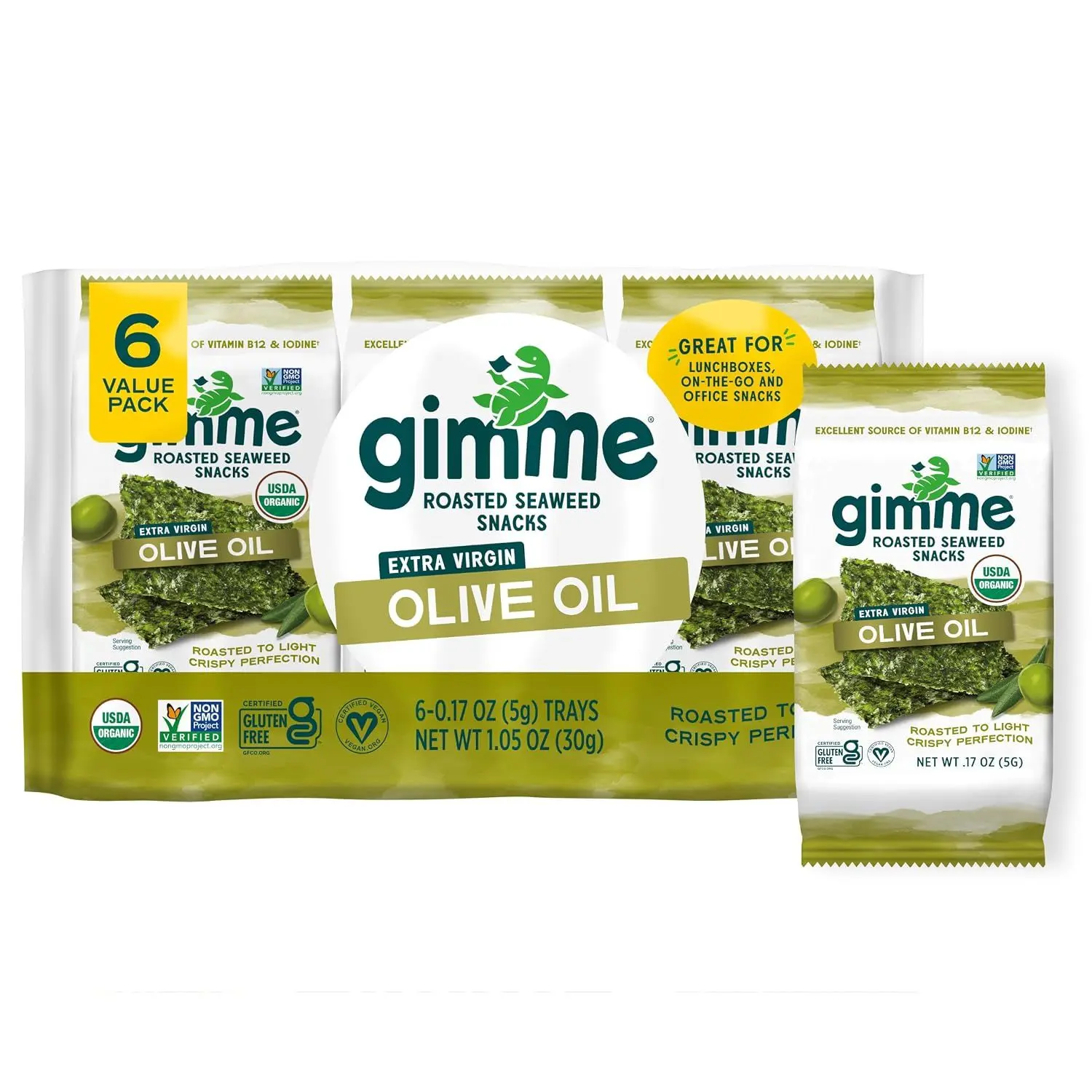 Gimme 6 CT Sea Salt Organic Roasted Seaweed Snacks, 5g, 0.17oz Gimme 6 CT Sea Salt Organic Roasted Seaweed Snacks, 5g, 0.17oz