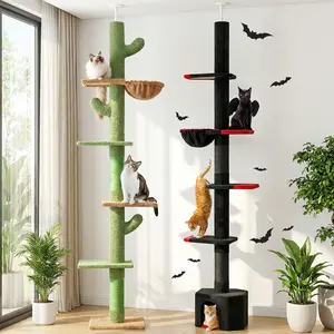 90-107" Floor to Ceiling Cat Tree Tower 4 Tier Tall Cat Climbing Posts Adjustable, Gray, Black, Khaki