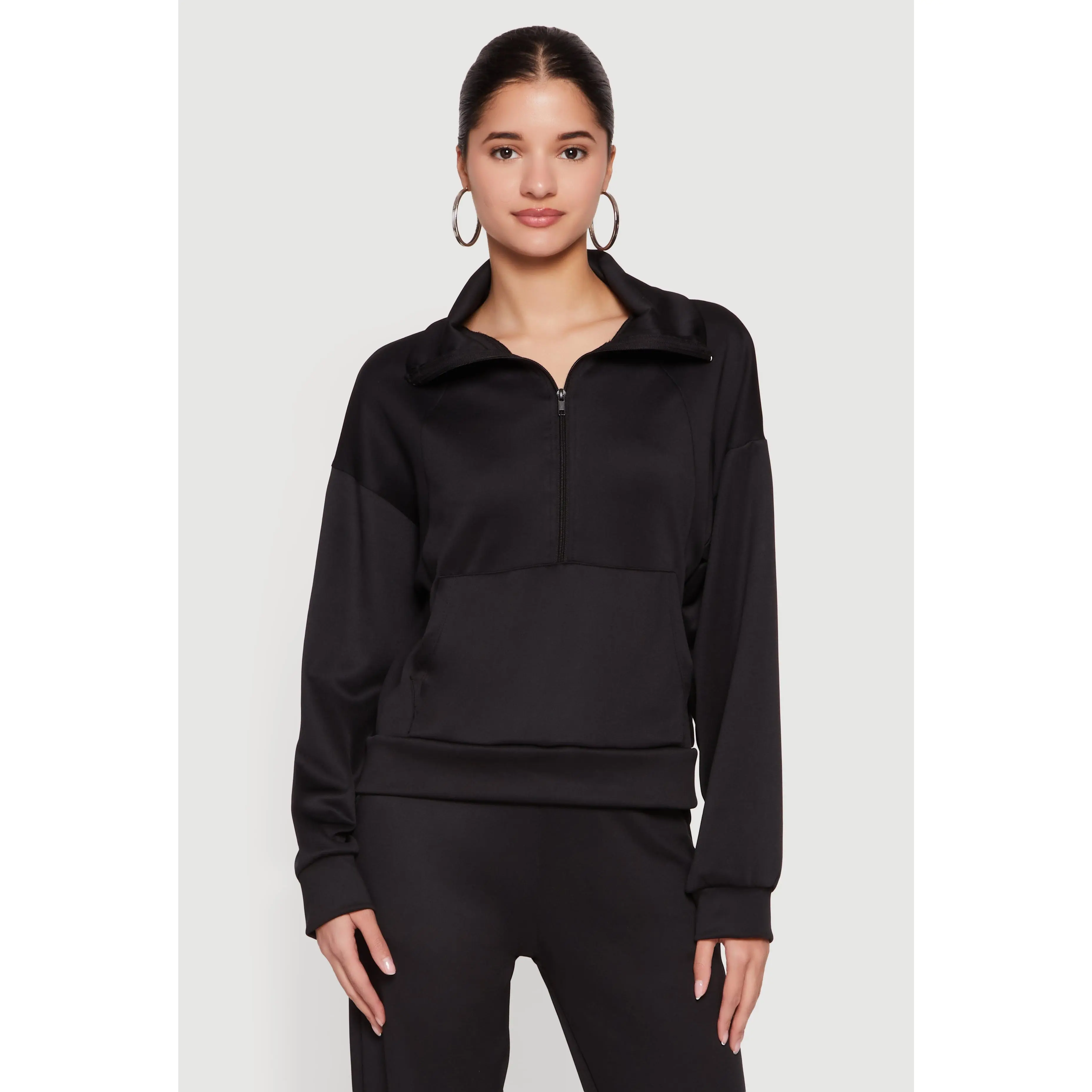 Long Sleeve Half Zip Front Kangaroo Pocket Pullover