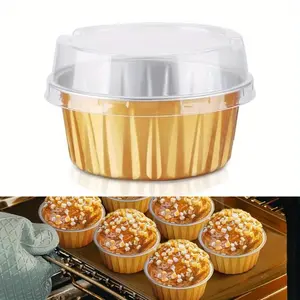 50 Pack Aluminum Foil Baking Cups with Lids 5 oz Disposable Ramekins Mini Cake Pans Creme Brulee Cupcake Liners Muffin Tins Flan Mold Dessert Container for Wedding Birthday Party (Gold)