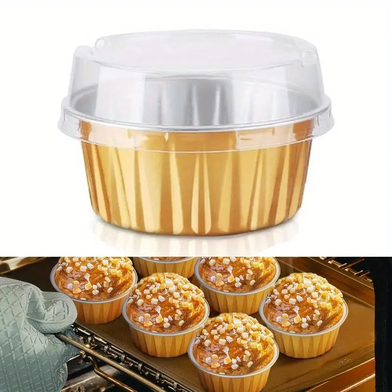 50 Pack Aluminum Foil Baking Cups with Lids 5 oz Disposable Ramekins Mini Cake Pans Creme Brulee Cupcake Liners Muffin Tins Flan Mold Dessert Container for Wedding Birthday Party (Gold)