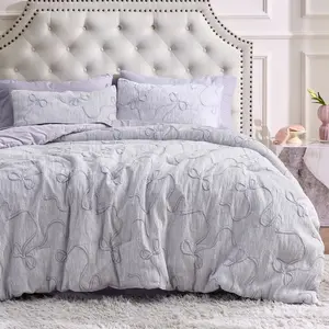 Queen Size Comforter, Light Purple Boho Tufted, 3D Puffy Jacquard Queen Size, 3, 1 Farmhouse Embroidery Comforter with Bow Pattern  2 Pillow Cases