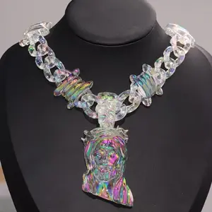 Suitable For Men 1pc Jesus Portrait Pendant Necklace With Transparent Multicolor Acrylic Thorn Chain, heart gold woman miami cuban link chain Plated Initial Set evry jewel cubanlink gold-plated jewelry