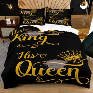 King & Queen Couple Duvet Cover Set (2/3 Pcs): Includes 1 Duvet Cover + 1/2 Pillowcases (No Filler), Crowns, “King/Queen”, Hearts, Bedroom Beds, Guest Rooms, Themed Hotel Beds, Homestay Beds, Couple Apartment Beds, for Couples, Bedroom Bedding Set