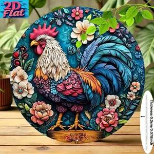 2D Flat Aluminum Round Painting, Home Decor, A Colorful Rooster Surrounded by Various Flowers, Dark Blue Background, 2D Flat Hand Embroidered Handcraft