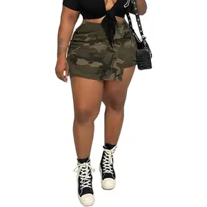 Camo Cargo Skirts for Women Plus Size High Waist Slit Bodycon Camouflage Denim Jean Skirt with Pocket Streetwear