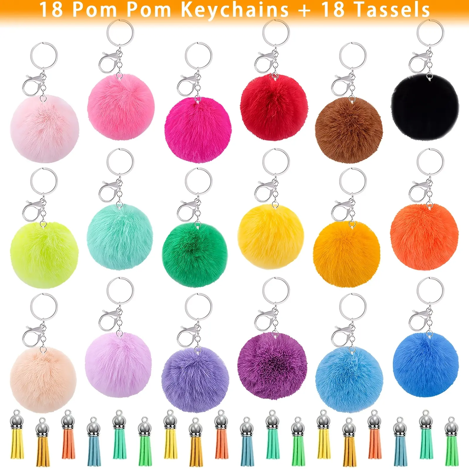 36 pcs 18 Pom Pom Keychains & 18 Tassels Faux Fur Ball Keychain Fluffy Rabbit Puff Ball with Hooks for Bags and Accessories