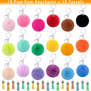 36 pcs 18 Pom Pom Keychains & 18 Tassels Faux Fur Ball Keychain Fluffy Rabbit Puff Ball with Hooks for Bags and Accessories