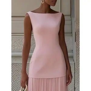 Fable Threads Elegant Sleeveless Pleated Maxi Dress Boat Neck High Low Hem Flowing Formal Evening Party Cream Multiple Colors Sizes Structured Fit