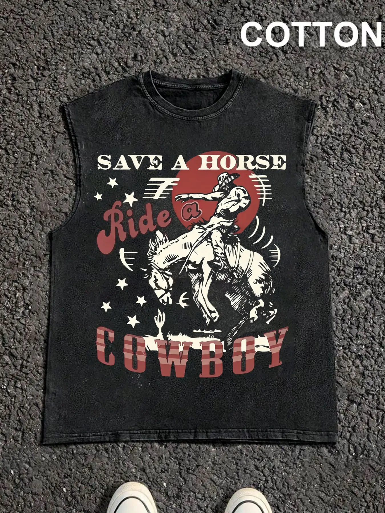1 piece loose distressed washed graphic tank top featuring prints combining Western wild horse cowboy wide-brim hat, desert sunset, and American country slogan elements; unisex, suitable for all seasons, ideal for beach vacations, outdoor cycling/sports,