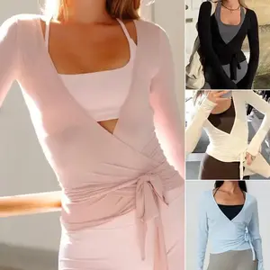 Women’s Cross Wrap Tie Tops, Long Sleeve Deep V Neck Solid Color Fit T-Shirts, Workout Blouses Solid Color Shirts, Ladies Top for Indoor Outdoor Wear, Ladies Top for Daily Wear Outdoorfun CasualjD0t
