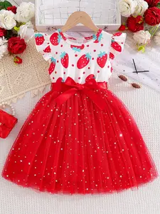 Girls' Summer Sweet Strawberry Print Dress, Short Sleeve Patchwork Sequined Sheer Fabric, Waist Belt Included, Cute Casual