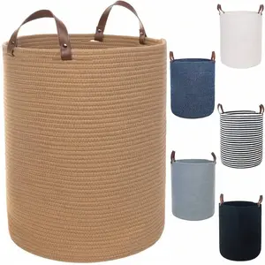 80L Extra Large Laundry Basket With Handles, Cotton Rope Woven Blanket Basket, Tall Rope Laundry Hamper, XXXL Decorative Storage Baskets For Blanket, Clothes, Toys, 16'' X 20'', Navy Blue