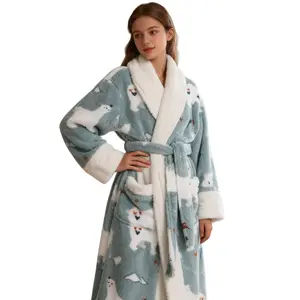 320g Printed Robe - Unhooded Women's Style Bathrobe Cotton Fit Gowns Loungewear Nightwear Womenswear Long Sleeve Hoodless Design Comfortable Fit