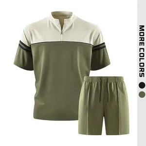 Men’s 2-piece athletic set with half zipper — quick-drying, moisture-wicking; short-sleeve top + drawstring shorts—essential for fitness and summer wear